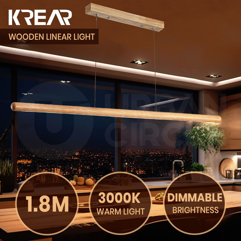 Krear Wooden Pendant Light Solid Wood LED Strips Linear Lighting 1.2M/1.5M/1.8M - Picture 18 of 197
