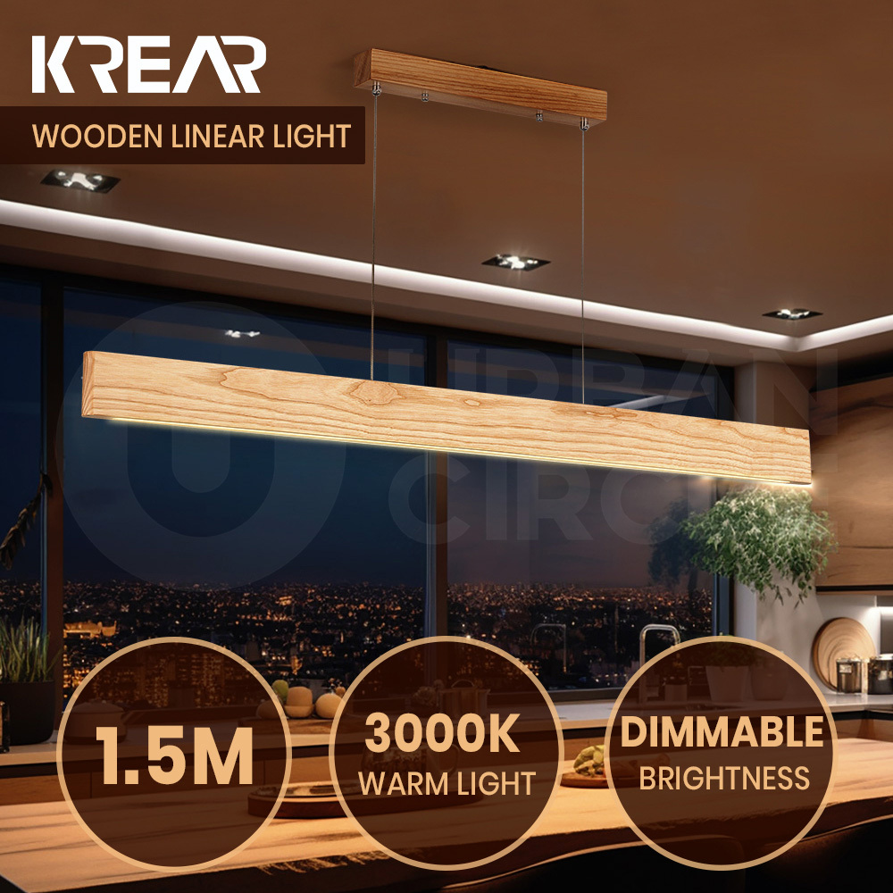 Krear Wooden Pendant Light Solid Wood LED Strips Linear Lighting 1.2M/1.5M/1.8M - Picture 90 of 197