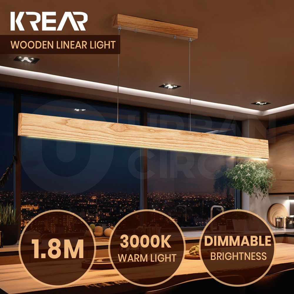 Krear Wooden Pendant Light Solid Wood LED Strips Linear Lighting 1.2M/1.5M/1.8M - Picture 102 of 197