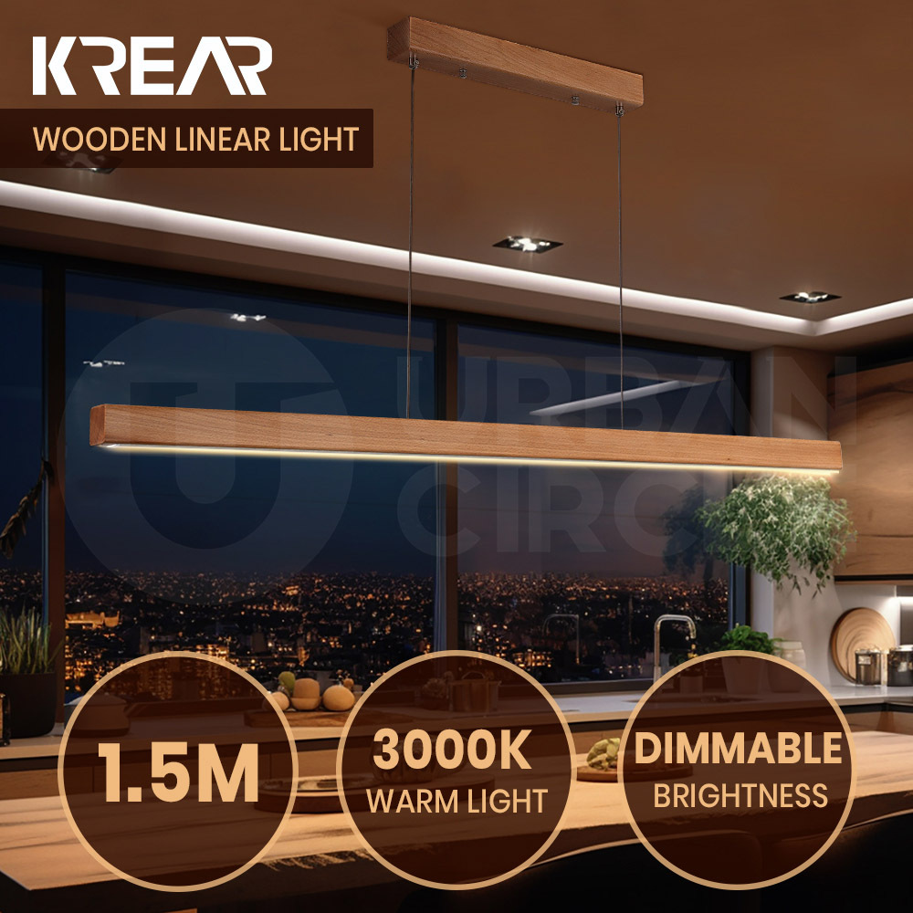 Krear Wooden Pendant Light Solid Wood LED Strips Linear Lighting 1.2M/1.5M/1.8M - Picture 126 of 197