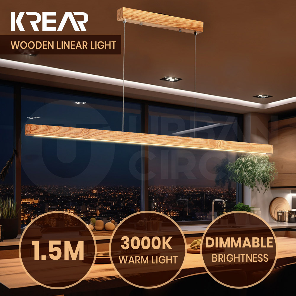 Krear Wooden Pendant Light Solid Wood LED Strips Linear Lighting 1.2M/1.5M/1.8M - Picture 162 of 197