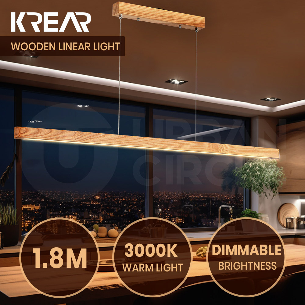 Krear Wooden Pendant Light Solid Wood LED Strips Linear Lighting 1.2M/1.5M/1.8M - Picture 174 of 197