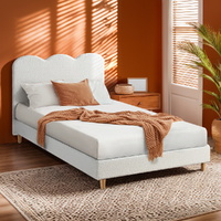 Furb King Single Bed Frame Fabric Upholstered Platform Bed Base with Headboard, White