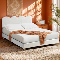Furb Queen Bed Frame Fabric Upholstered Platform Bed Base with Headboard, White