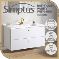 Simplus Vanity Unit Bathroom Cabinet Storage Wall Hung Sink Ceramic Basin 900MM