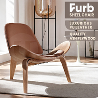 Furb Shell Chair Ash Plywood PU Leather Accent Chair Living Room Tan