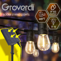 Groverdi 48FT Solar Festoon Lights Outdoor Garden Party 15 LED String Waterproof