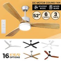 Krear 52" Inch Ceiling Fan Wooden Blades DC Motor Fans Light LED Remote Control