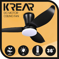Krear 36" Ceiling Fan With Light 3 ABS Blade Fans DC Motor Remote Control Black