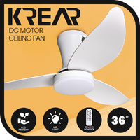 Krear 36" Ceiling Fan With Light 3 ABS Blade Fans DC Motor Remote Control White
