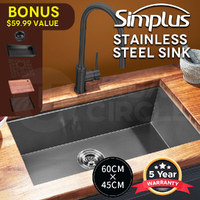 Simplus 60x45CM Stainless Steel Kitchen Sink Single Bowl Laundry Basin Set Black